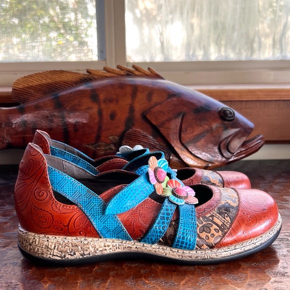 Socofy Retro Mary Jane Staps Round Toe Shoes Floral Printed Flats Casual Leather - Picture 1 of 15